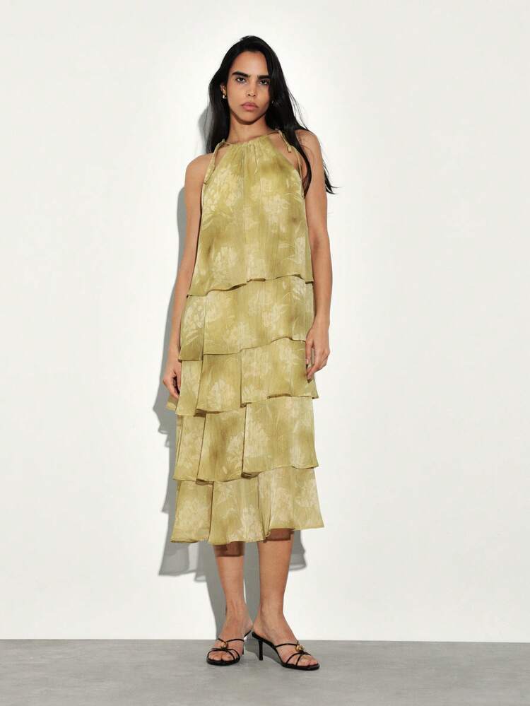 KSTM Women's Halter Neck Tiered Ruffle Midi Dress With Layered Design For Party Evening Special Occasions