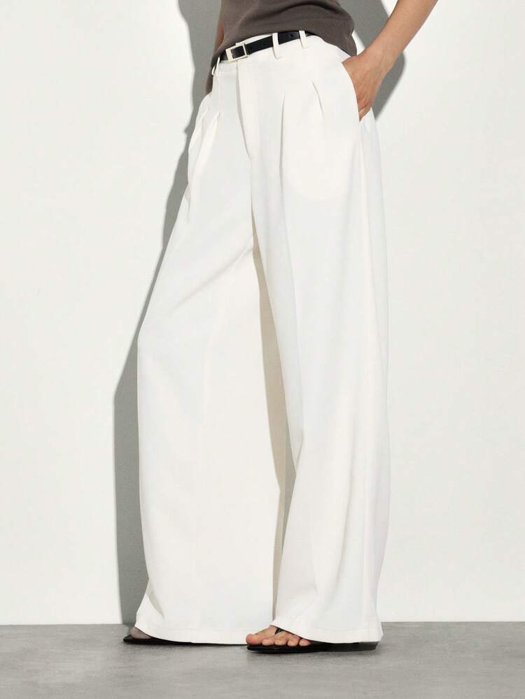 KSTM Women's High Waisted Wide Leg Pleated Palazzo Pants With Belt Loops Summer Casual Trousers Office Wear Business Formal