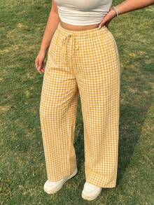 SHEIN EZwear 大码女式格子抽绳腰休闲百搭日常裤 - 鵝黃色 - 查看 1