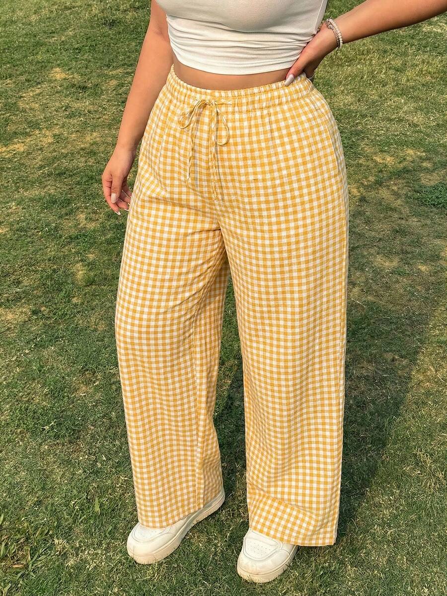 SHEIN EZwear 大码女式格子抽绳腰休闲百搭日常裤 - 鵝黃色 - 查看 1