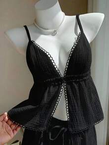Comfortcana Plus Size Women Summer Casual Vacation Solid Color Textured Fabric Lace Trim Babydoll Cami Top And Shorts Set - Black - View 8