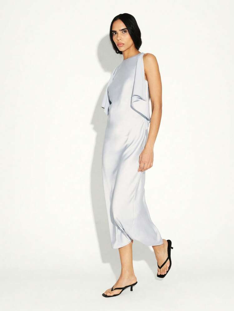 KSTM Robe longue en satin sans manches avec fente latérale et détail volant pour occasions spéciales, soirée