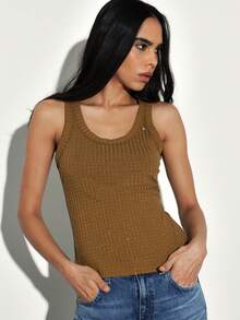 Rhinestone Embellished Ribbed Tank Top Sleeveless Scoop Neck Fitted Camisole Fashion Basic Tee - Olive Green - View 5