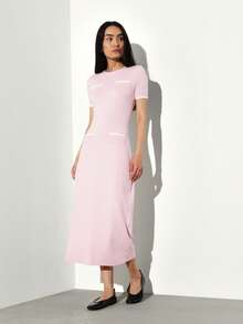KSTM Vestido de punto de cuello redondo con detalles de contraste, vestido de punto midi de manga larga para uso casual en otoño e invierno - Rosa - Ver 7