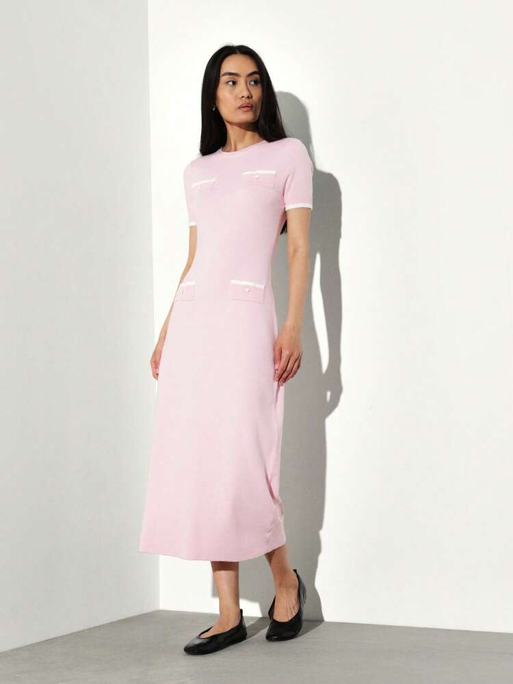 KSTM Robe pull col rond avec détails contrastés, robe midi en tricot à manches longues, décontractée pour l'automne et l'hiver, pour tous les jours