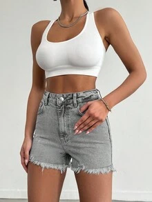 EURMUSE 100%Cotton Mini Heavy Destroy Short With Back Label Detail - Grey - View 6