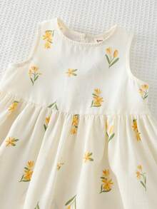 Cozy Pixies Đầm không tay cổ tròn, in hoa, phối màu tương phản cho bé gái. - Màu vàng - Xem 5
