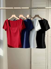 Comfortcana 4pcs/Set Plus Size Summer Square Neck Fitted T-Shirts - Multicolor - View 3