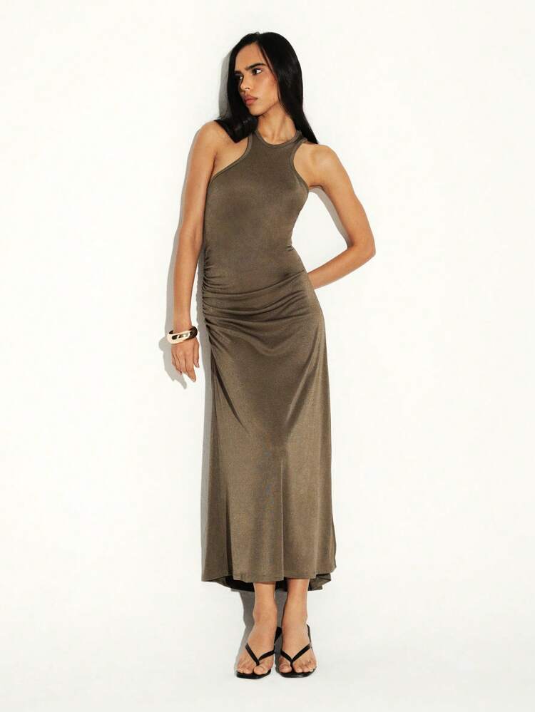 KSTM Sleeveless Racerback Maxi Dress With Side Ruched Detailing Long Casual Summer Tank Dress