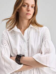 Ontre 女士纯色纽扣镂空刺绣休闲度假连衣裙 - 白色 - 查看 2