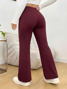 SHEIN EZwear 女士酒红色高腰喇叭裤 - 酒紅色 - 查看 2