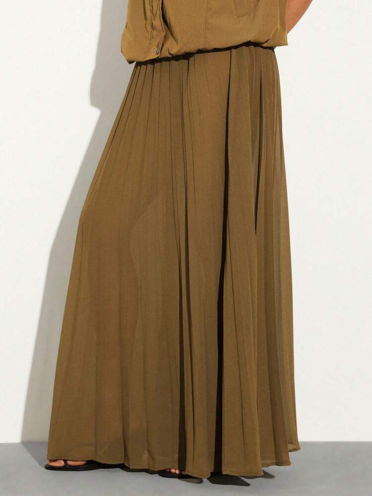 KSTM Chiffon Pleated Maxi Skirt High Waisted Flowy Long Skirt Boho Style Floor Length Elegant Formal Evening Party Wedding Guest