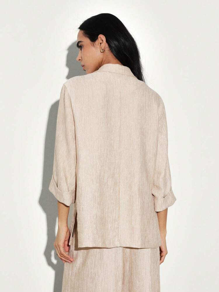 KSTM Blazer leve de abotoamento duplo com textura, com botões de pérola e caimento relaxado para mulheres