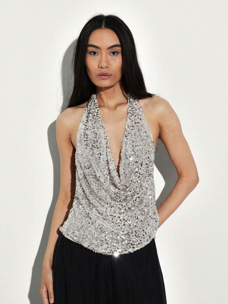 KSTM Women's Silver Sequin Halter Top Deep V Cowl Neck Backless Party Evening Glamour Sleeveless Blouse Holiday Sparkle Clubwear