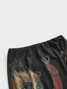 ROMWE Goth Chinese Style Deity Flame Headdress Dharma Wheel Sutra Text Print Women's Skirt - Black - View 3