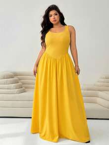 Solflare Yellow Plus Size Sleeveless Dress, Summer Dresses - Yellow - View 3