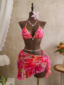 Swim Mod 3pcs/Set Girl's Printed Random Spaghetti Strap Halter Bikini Top, Side Tie Bottoms & Ruffle Trim Skirt - Multicolor - View 5