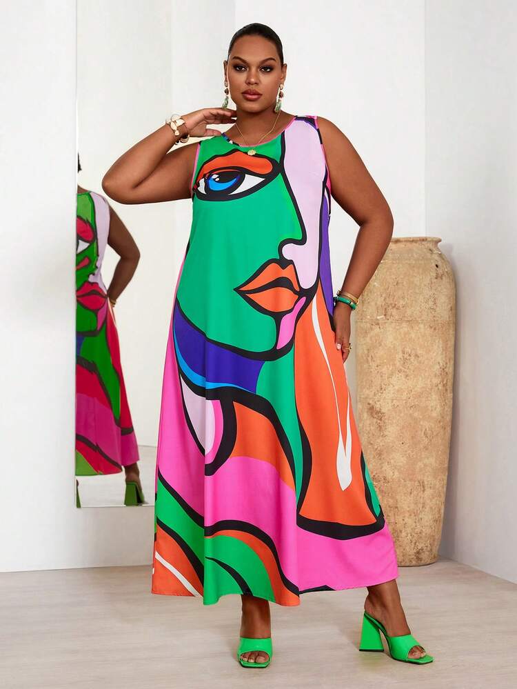 Plus Size Summer Abstract Portrait Pattern Round Neck Sleeveless Dress Women Vacation Outfit Sets Colourful Dresses For Ladies Summer Outfits For Women  Beach Outfit For Women  Casual  Vacation Outfits Women Country Concert Outfit Peplum