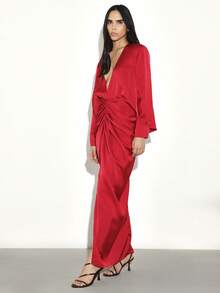 KSTM Luxurious Red Satin Maxi Dress With Deep V-Neck Long Sleeve Wrap Style Evening Gown Party Formal Wear - Black - View 4