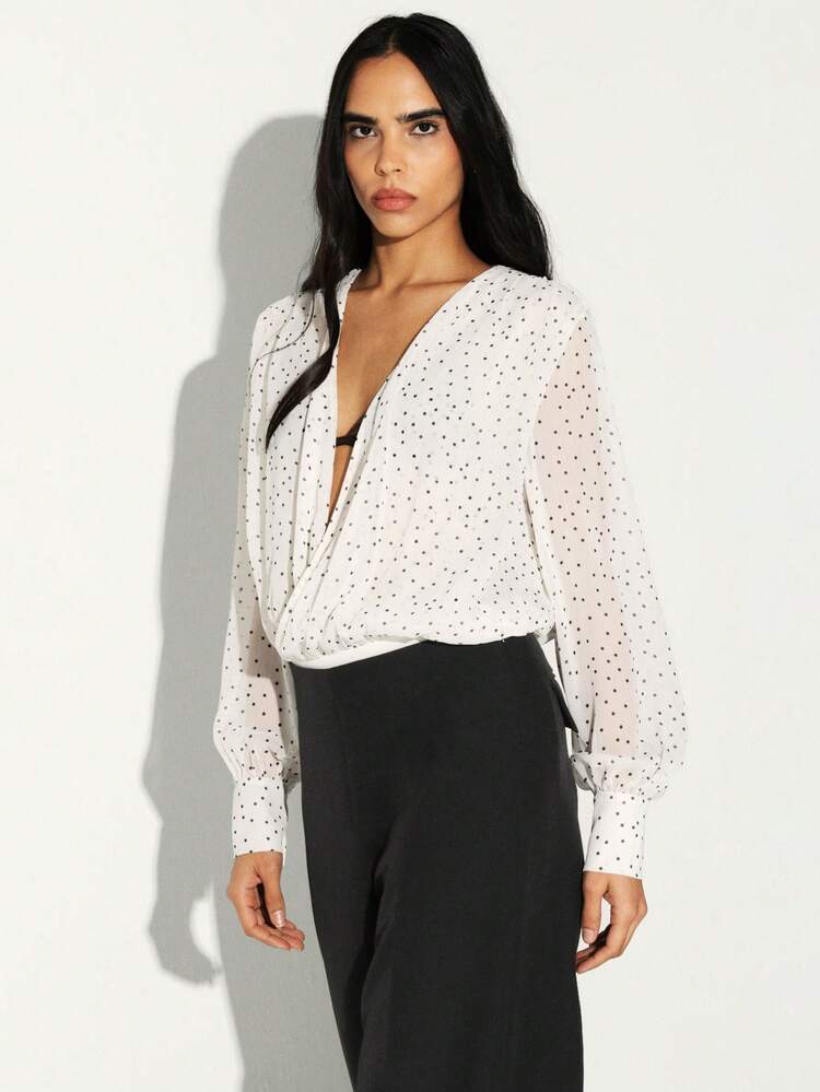 KSTM Women Deep V Neck Long Sleeve Polka Dot Bodysuit With Wrap Front Design