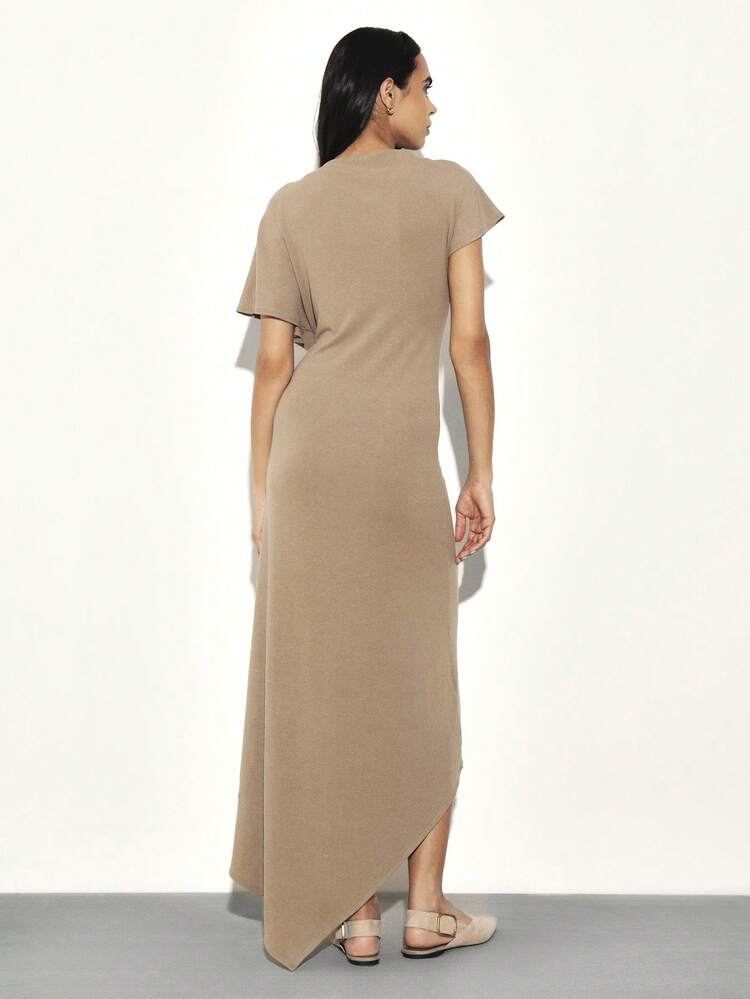 KSTM 여성 비대칭 맥시 드레스 반팔 옆면 주름 드레이프 밑단 캐주얼 롱 드레스 라운드 넥 트위스트 디테일 여름 가을