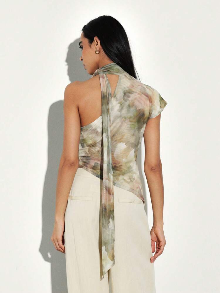 KSTM Asymmetric Draped Top With Tie Dye Print And Neck Scarf Detail For Casual Chic Style