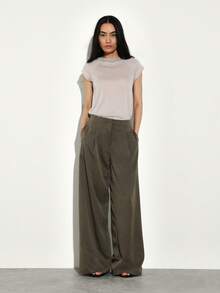 KSTM 女士高腰阔腿休闲阔腿裤，宽松飘逸，适合春夏穿着，舒适百搭 - 軍綠色 - 查看 1