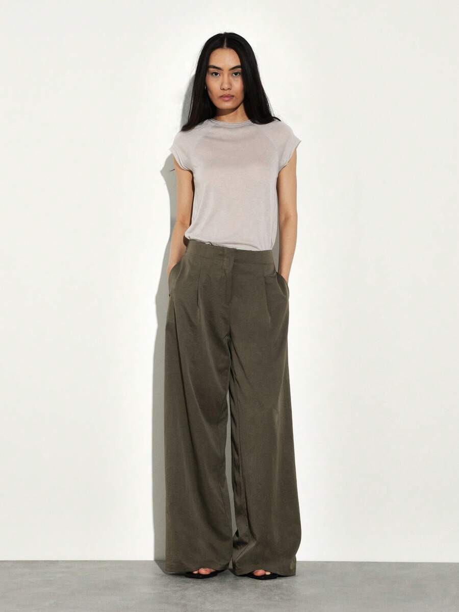 KSTM 女士高腰阔腿休闲阔腿裤，宽松飘逸，适合春夏穿着，舒适百搭 - 軍綠色 - 查看 1