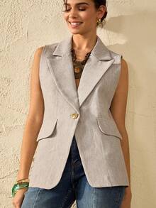 Bóhologie Gold Button Detailed Linen Fabric Lightweight Blazers - Grey - View 4