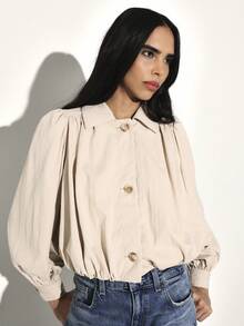 KSTM Women's Balloon Hem Jacket With Elastic Waistband And Button Front Closure Classic Collar Long Sleeve Outerwear - Khaki - View 4