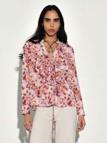 KSTM Floral Ruffle Tie Front Long Sleeve Chiffon Blouse With V Neck And Feminine Print For Spring Summer - Multicolor - View 5
