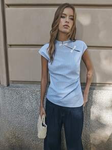 Nöista Summer Casual Striped Button-Down Side Slit Shirt - Blue - View 6