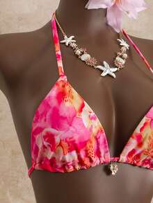 Swim Mod 3pcs/Set Girl's Printed Random Spaghetti Strap Halter Bikini Top, Side Tie Bottoms & Ruffle Trim Skirt - Multicolor - View 8