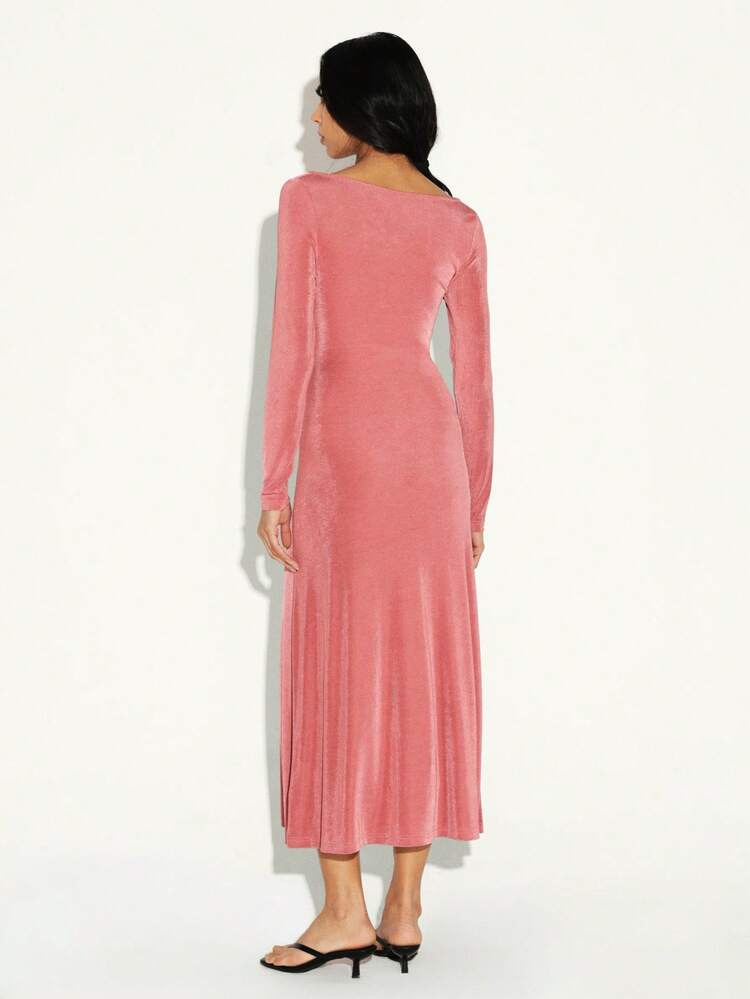 KSTM Long Sleeve Velvet Wrap Midi Dress With V-Neck Crossover Front Design For Women Elegant Evening Occasion Wear