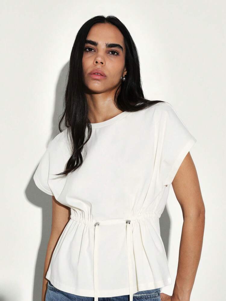 KSTM Women's Drawstring Waist T-Shirt With Short Sleeves Casual Relaxed Fit Top Summer Spring Everyday Wear