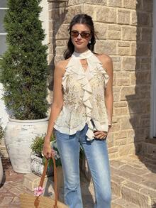 Serisse Áo kiểu cổ yếm xếp nếp thêu sequin mùa hè dành cho nữ - Màu be - Xem 3