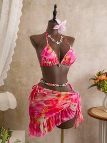 Swim Mod 3pcs/Set Girl's Printed Random Spaghetti Strap Halter Bikini Top, Side Tie Bottoms & Ruffle Trim Skirt - Multicolor - View 6