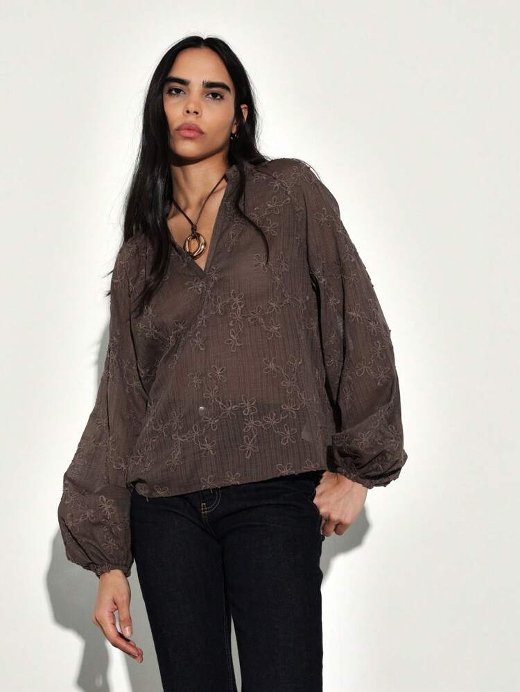 KSTM Women's V-Neck Long Sleeve Floral Embroidered Blouse With Raglan Sleeves And Bohemian Fall Winter Style