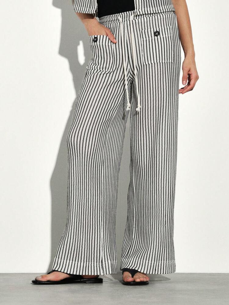 KSTM Women Striped Wide Leg Knit Pants With Button Details And Relaxed Fit For Casual Comfort And Versatile Style