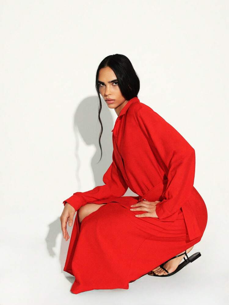 KSTM Belted Long Sleeve Maxi Shirt Dress With Collar And Button Front Closure For Fall Winter