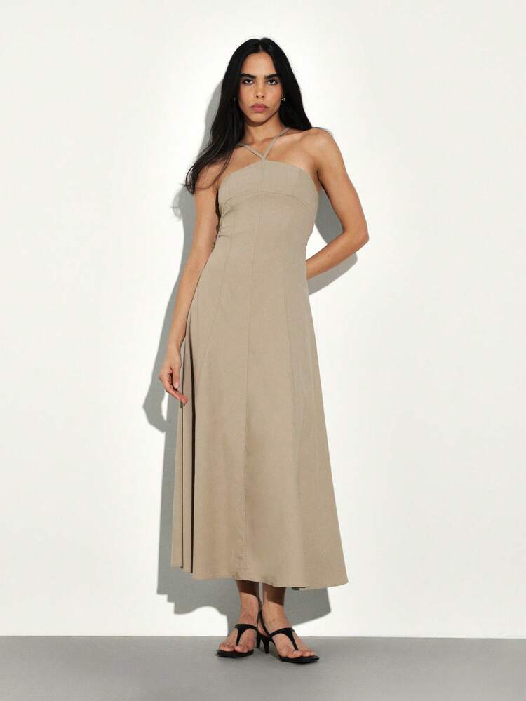 KSTM Halter Back Lace Up Midi Dress For Evening Occasions Elegant Sophisticated Date Night Party Formal