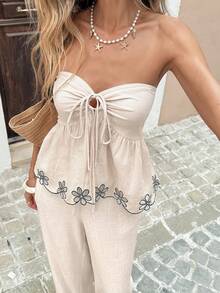 SHEIN Frenchy 女士时尚露背抹胸上衣 - 杏色 - 查看 1