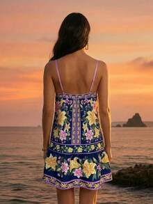 CAJUNI Đầm ngắn họa tiết hoa lãng mạn, bộ sưu tập kỳ nghỉ nhiệt đới. - Xanh đậm - Xem 2