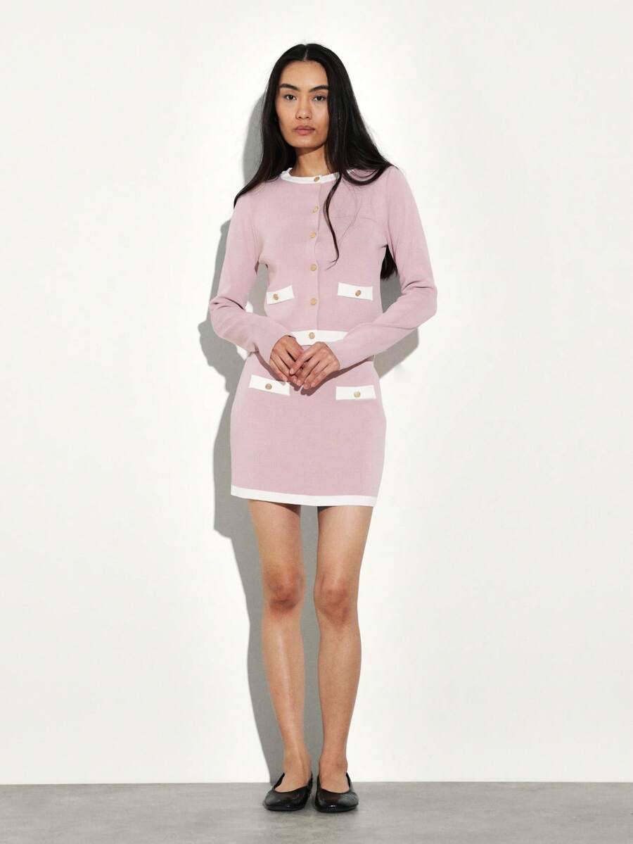 KSTM Knitted Two Piece Co Ord Set With Round Neck Cardigan And Mini Skirt With Contrast Trim - Multicolor - View 1