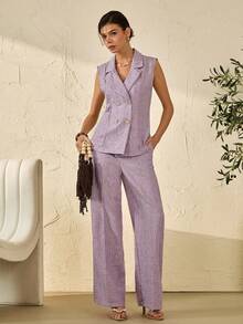 Bóhologie Linen Fabric Gold Button Detailed Vest And Pant Suit Sets - Lilac Purple - View 4