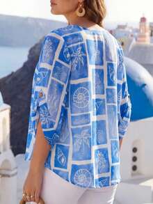 EMERY ROSE Plus Size Casual Blue Vacation Ocean Creature Print Summer Blouse, Blue And White Top Summer Beach Vacation - Blue and White - View 3