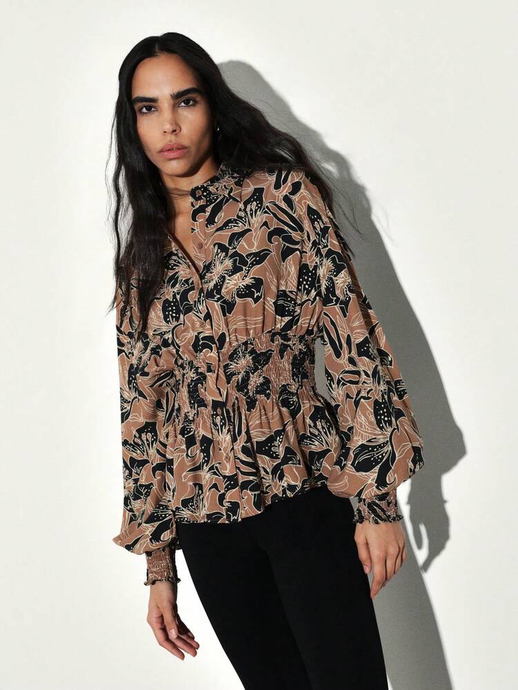 KSTM Blusa con maniche a palloncino e stampa floreale, vita smockata, scollo a V, manica lunga, camicia di moda per autunno e primavera