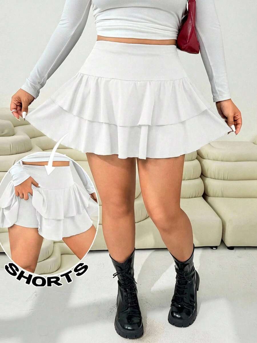 Solflare Plus Size Women Solid Color Pleated Casual Versatile Skort - White - View 1