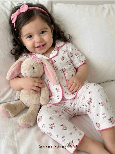 Cozy Pixies 女婴碎花印花翻领短袖开衫和松紧腰裤两件套