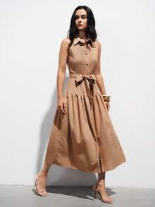 Aveloria Modichic New Fashion Design Sense Casual Solid Color Patchwork Collar Sleeveless Pleated Midi Dress - Brown - View 4